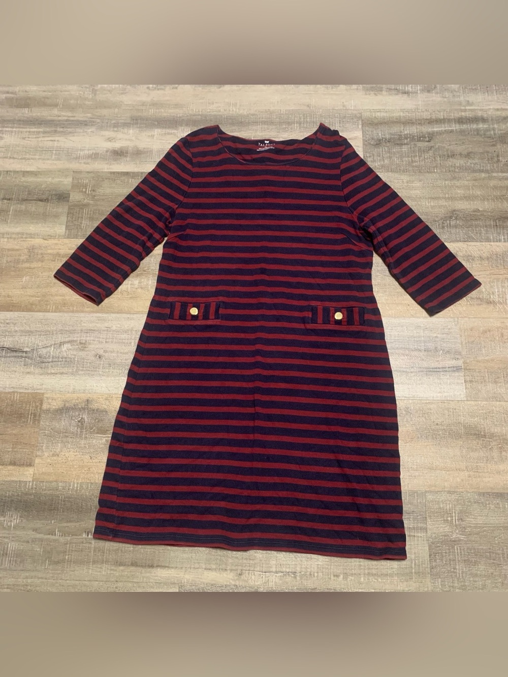 Talbots Striped Knit Shift Dress XL Burgundy Navy Round Neck 3/4 Sleeve